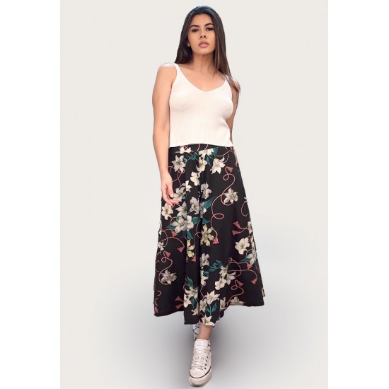 Calça Pantacourt Saia Malha Macaúba Estampa Preto Floral