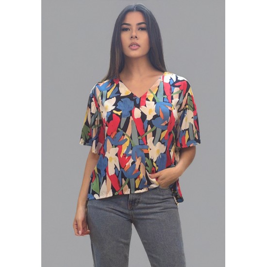 Blusa Gola V Manga Ampla Curta Estampa Floresce