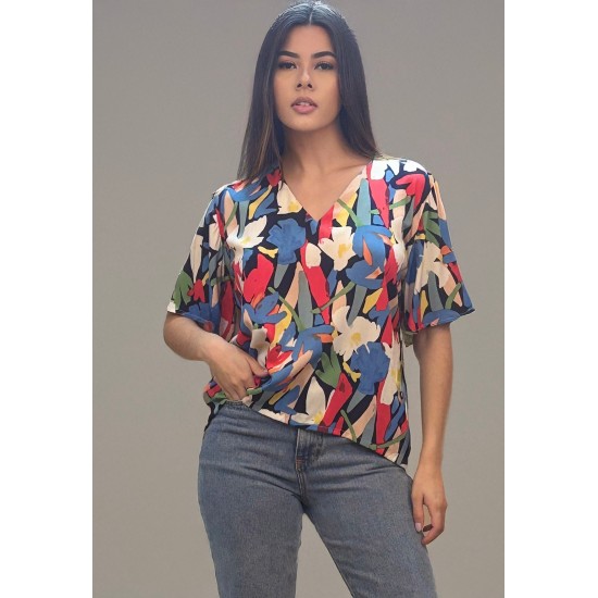 Blusa Gola V Manga Ampla Curta Estampa Floresce