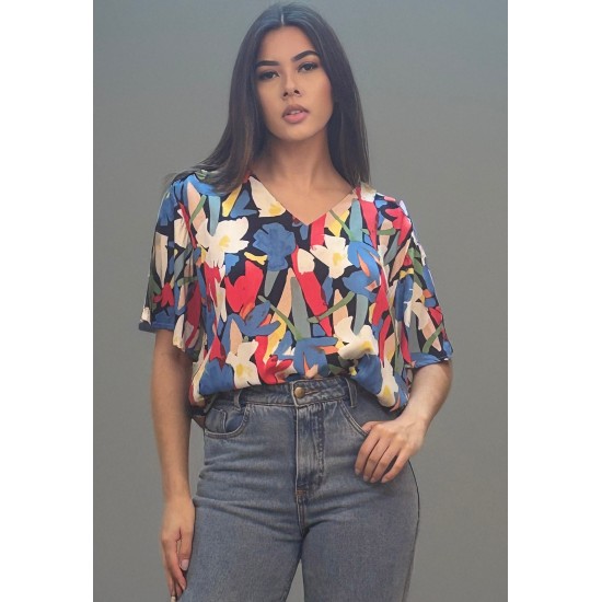 Blusa Gola V Manga Ampla Curta Estampa Floresce