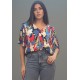 Blusa Gola V Manga Ampla Curta Estampa Floresce
