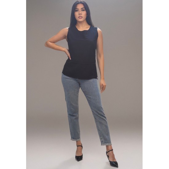 Blusa Regata  Viscose com Linho Babado na Cintura Raffa Preta