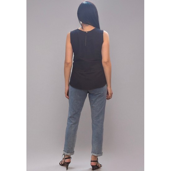 Blusa Regata  Viscose com Linho Babado na Cintura Raffa Preta