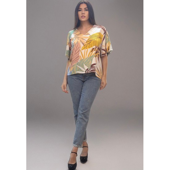 Blusa Gola V Manga Ampla Curta Estampa Aurora Suave