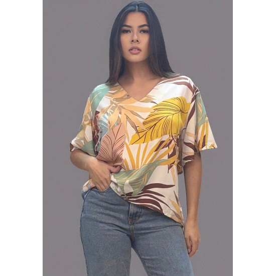 Blusa Gola V Manga Ampla Curta Estampa Aurora Suave