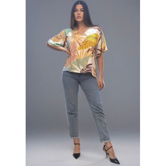 Blusa Gola V Manga Ampla Curta Estampa Aurora Suave