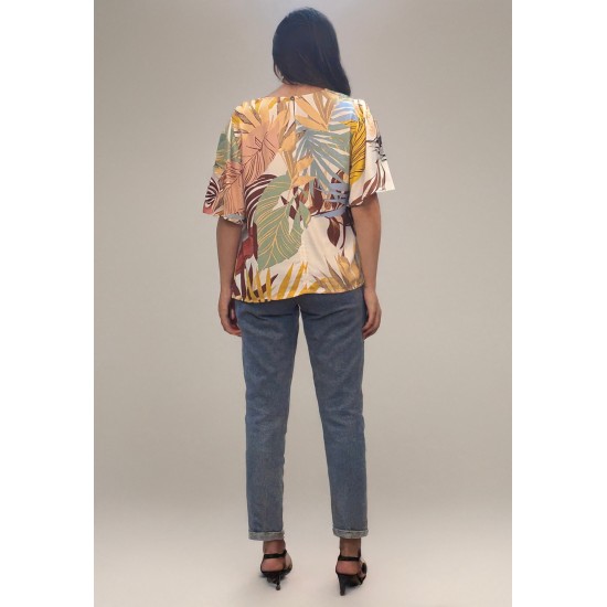 Blusa Gola V Manga Ampla Curta Estampa Aurora Suave