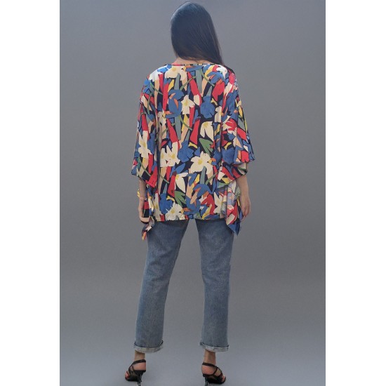 Blusa Gola V Manga Ampla Curta Estampa Floresce