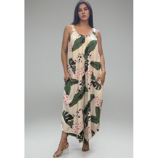 Macacão Saruel Viscose Alça com Elástico Estampa Folhagem Poética