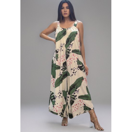 Macacão Saruel Viscose Alça com Elástico Estampa Folhagem Poética