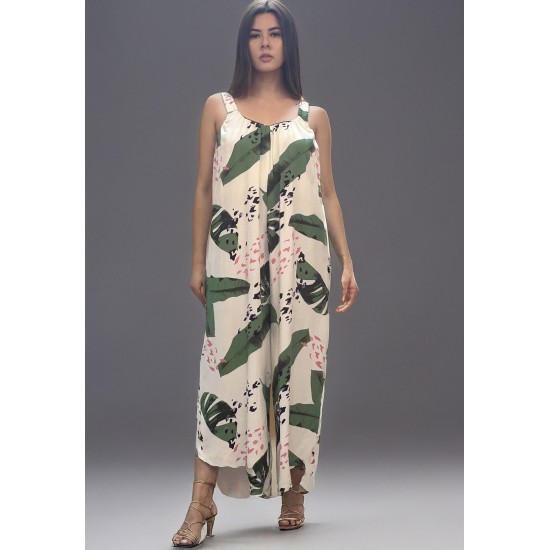 Macacão Saruel Viscose Alça com Elástico Estampa Folhagem Poética