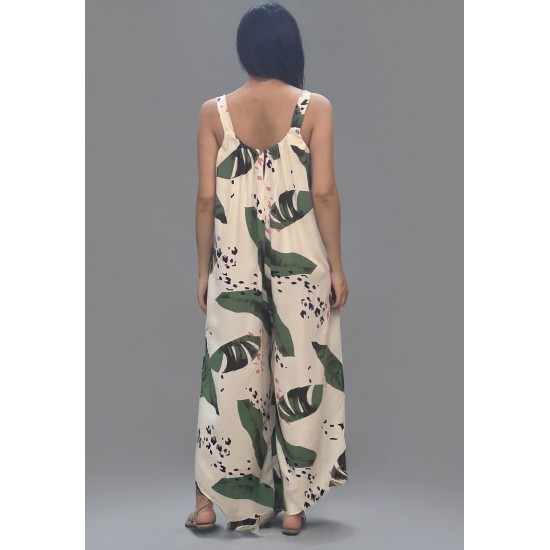 Macacão Saruel Viscose Alça com Elástico Estampa Folhagem Poética