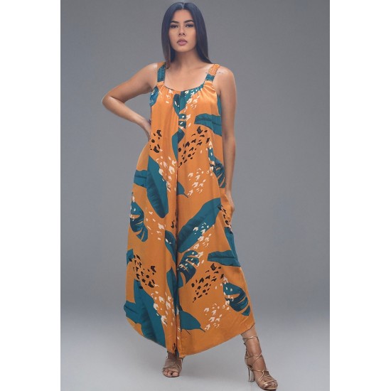 Macacão Saruel Viscose Alça com Elástico Estampa Aurora Botânica