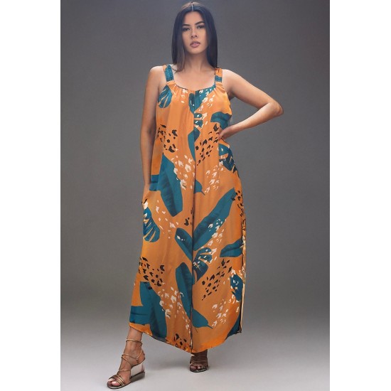 Macacão Saruel Viscose Alça com Elástico Estampa Aurora Botânica