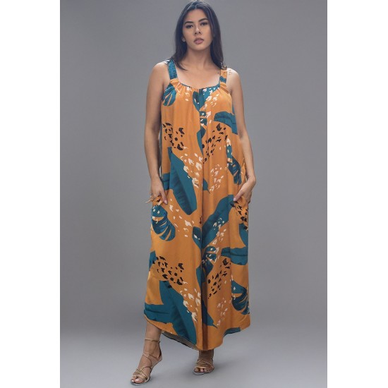 Macacão Saruel Viscose Alça com Elástico Estampa Aurora Botânica