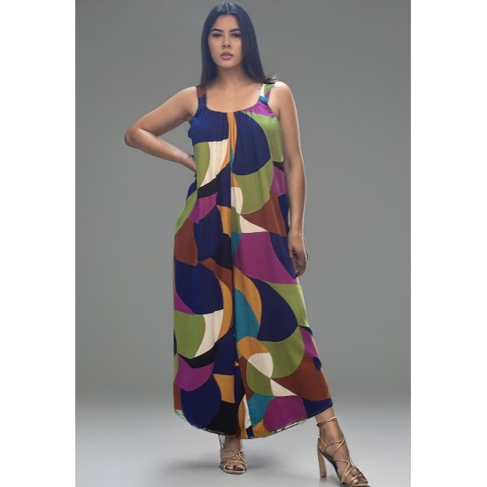 Macacão Saruel Viscose Alça com Elástico Estampa Jardim Azul
