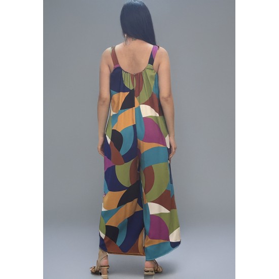 Macacão Saruel Viscose Alça com Elástico Estampa Jardim Azul