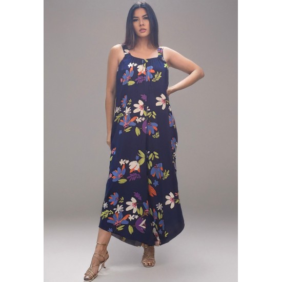 Macacão Saruel Viscose Alça com Elástico Estampa Festa das Flores Azul