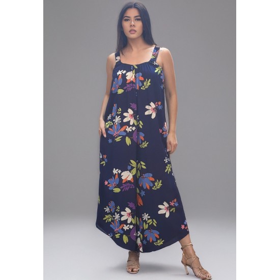 Macacão Saruel Viscose Alça com Elástico Estampa Festa das Flores Azul