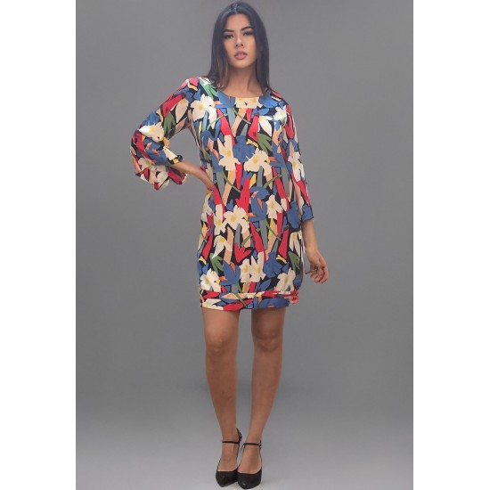 Vestido Curto Viscose Balli Manga Ampla Estampa Floresce