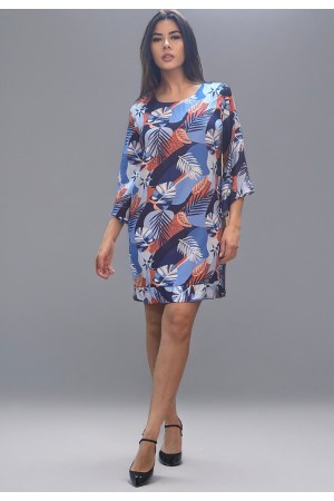 Vestido Curto Viscose Balli Manga Ampla Estampa Jardim Celeste