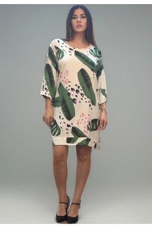 Vestido Curto Viscose Balli Manga Ampla Estampa Folhagem Poética
