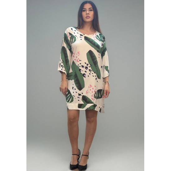 Vestido Curto Viscose Balli Manga Ampla Estampa Folhagem Poética
