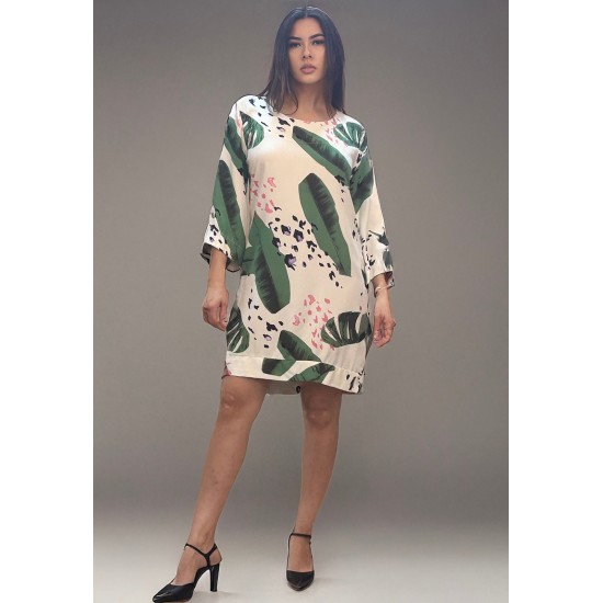 Vestido Curto Viscose Balli Manga Ampla Estampa Folhagem Poética