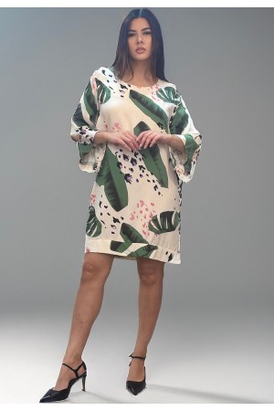 Vestido Curto Viscose Balli Manga Ampla Estampa Folhagem Poética