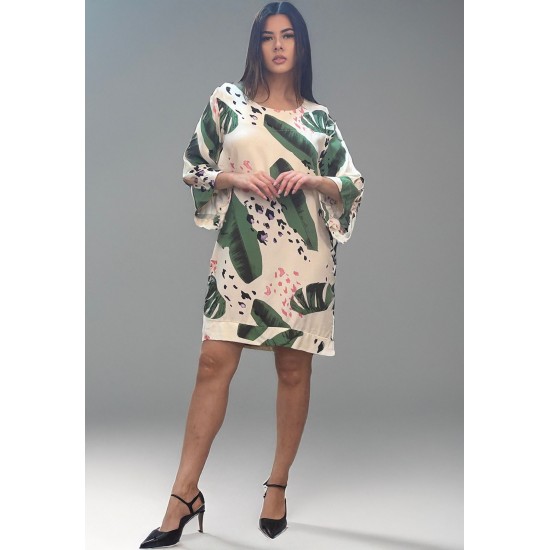 Vestido Curto Viscose Balli Manga Ampla Estampa Folhagem Poética