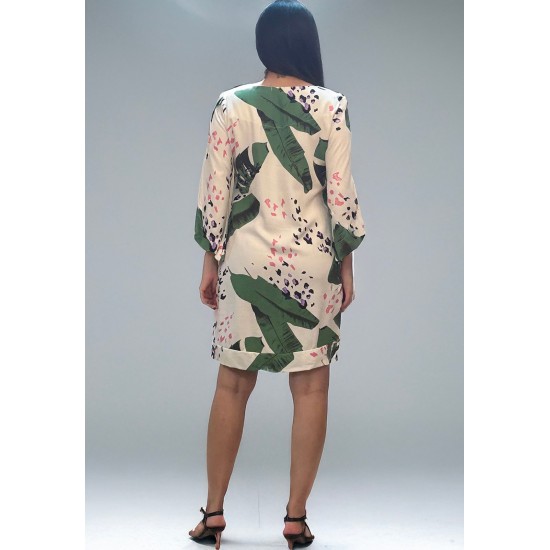 Vestido Curto Viscose Balli Manga Ampla Estampa Folhagem Poética