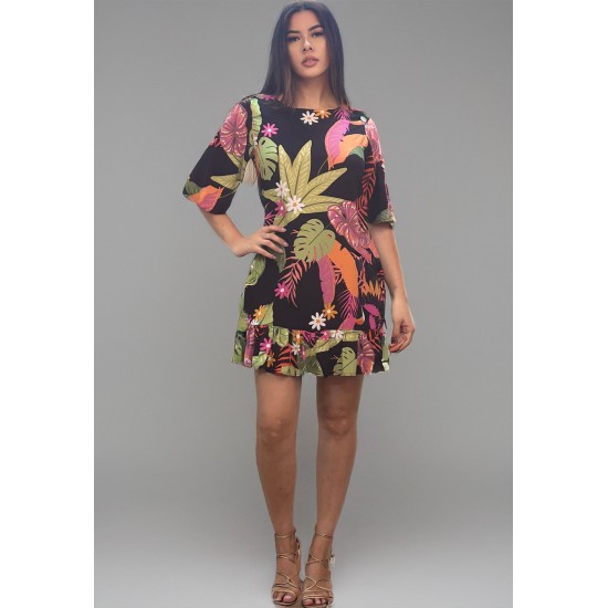 Vestido Curto Viscose Estampa Noite Botânica