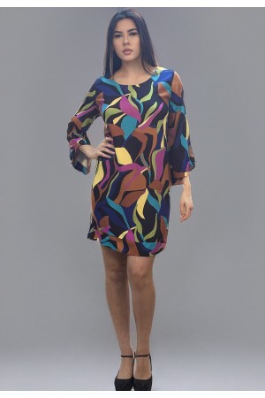 Vestido Curto Viscose Balli Manga Ampla Estampa Aurora Urbana