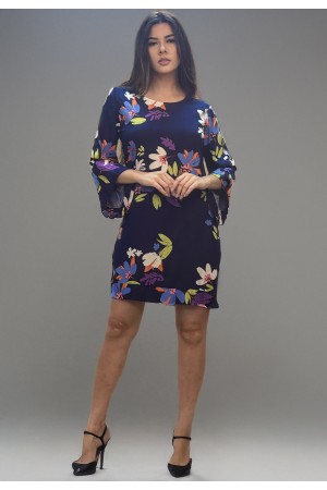 Vestido Curto Viscose Balli Manga Ampla Estampa Festa das Flores Azul