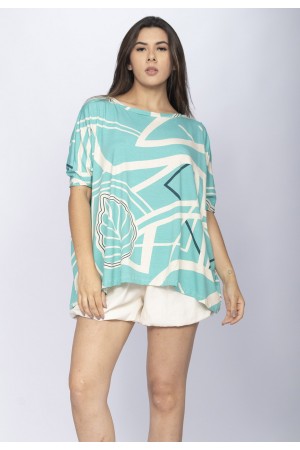 Blusa Ampla Malha Morcego Manga Curta Aqua Flora