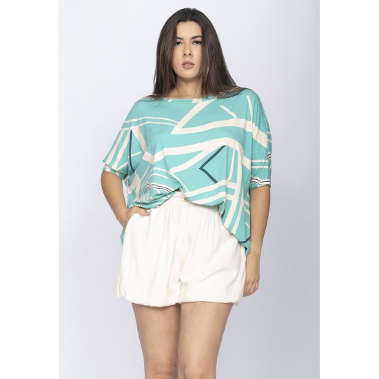 Blusa Ampla Malha Morcego Manga Curta Aqua Flora