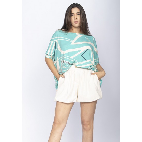 Blusa Ampla Malha Morcego Manga Curta Aqua Flora