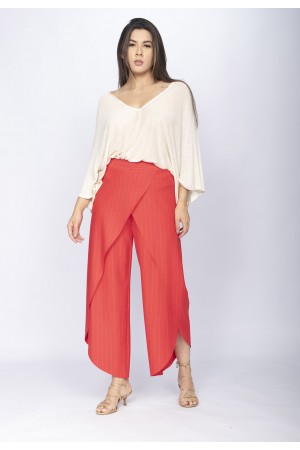 Calça Pantacourt Garatéa Transpassada Risca de Giz Vermelho