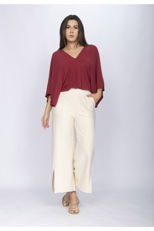 Calça Pantacourt Malha Encorpada Risca de Giz Marfim Natural