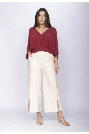 Calça Pantacourt Malha Encorpada Risca de Giz Marfim Natural