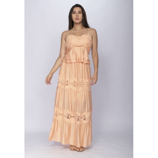 Conjunto de Saia e Croped Flora Amazônica Renda Pêssego