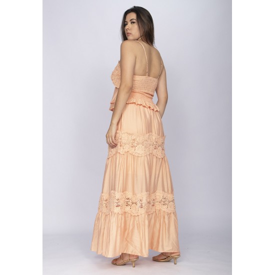 Conjunto de Saia e Croped Flora Amazônica Renda Pêssego