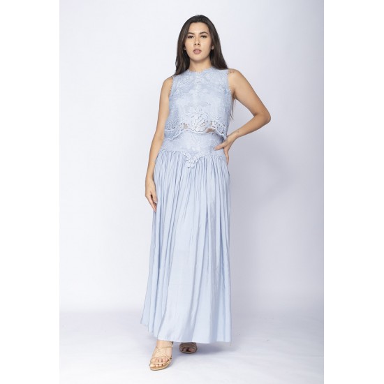 Conjunto de Saia e Croped Essência da Mata Renda Blue