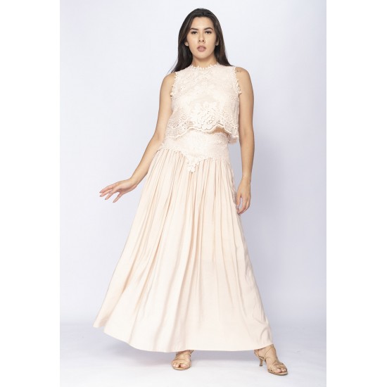 Conjunto de Saia e Croped Essência da Mata Renda Concha Rosa