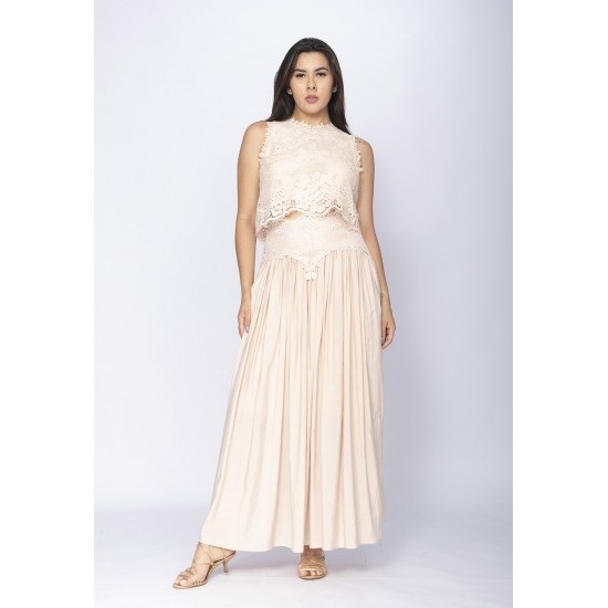 Conjunto de Saia e Croped Essência da Mata Renda Concha Rosa