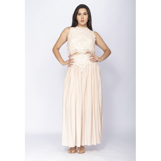 Conjunto de Saia e Croped Essência da Mata Renda Concha Rosa