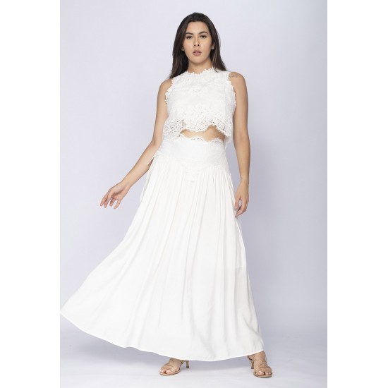 Conjunto de Saia e Croped Essência da Mata Renda Branco