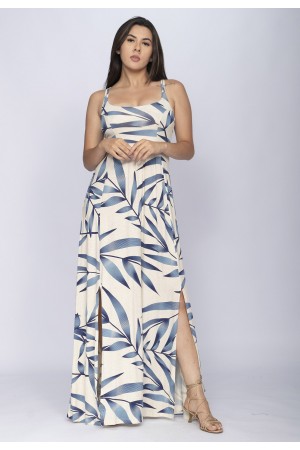 Vestido Longo Jambo Malha Aberturas Estampa Bambu Azul