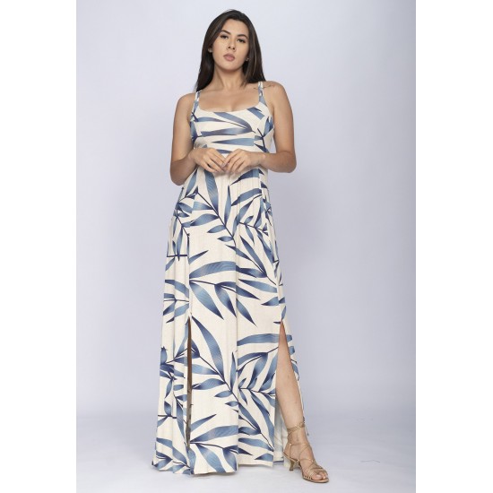 Vestido Longo Jambo Malha Aberturas Estampa Bambu Azul