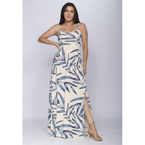 Vestido Longo Jambo Malha Aberturas Estampa Bambu Azul